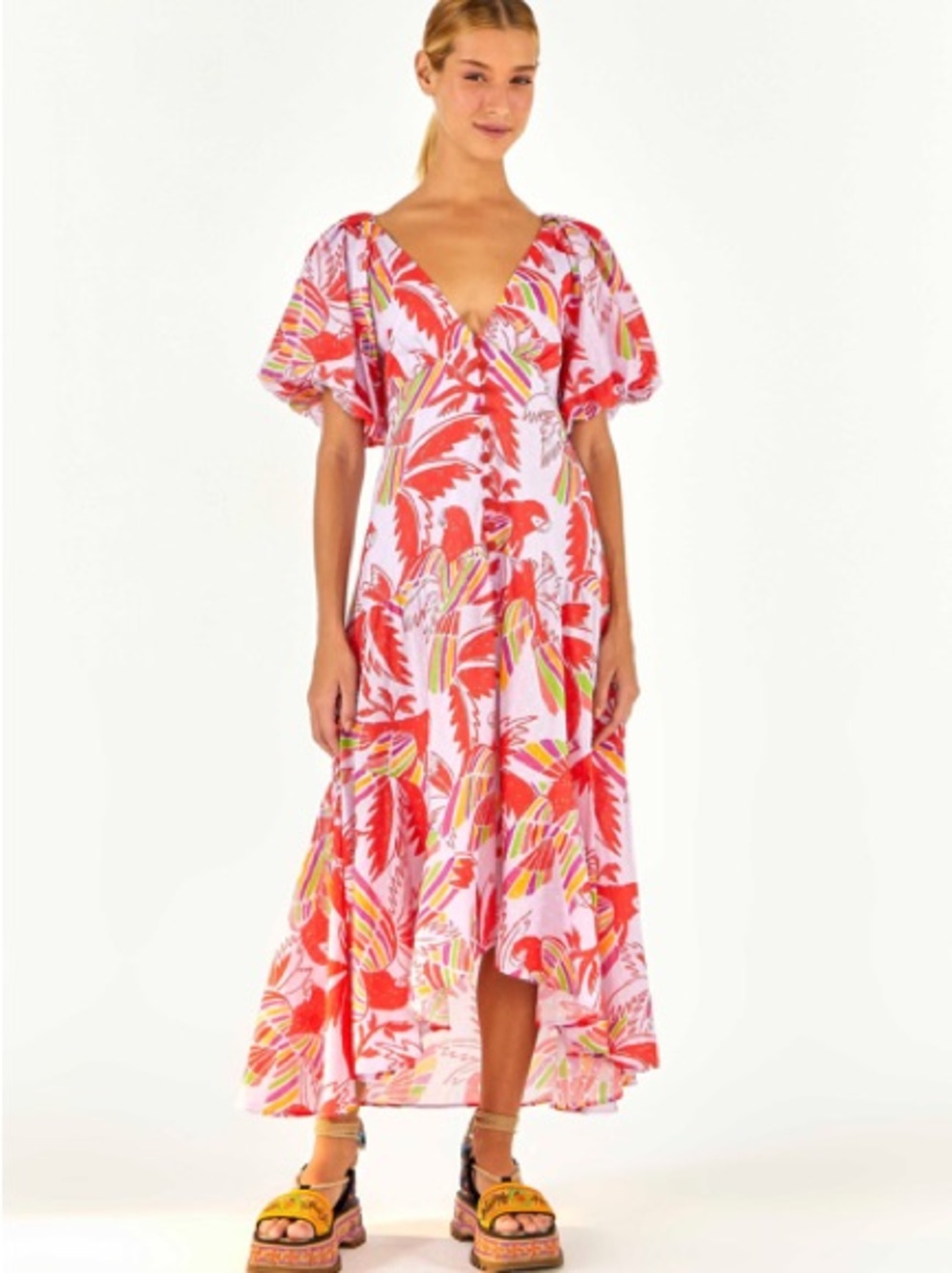 FARM Rio lilac Burds V-Neck High-Low Midi Dress